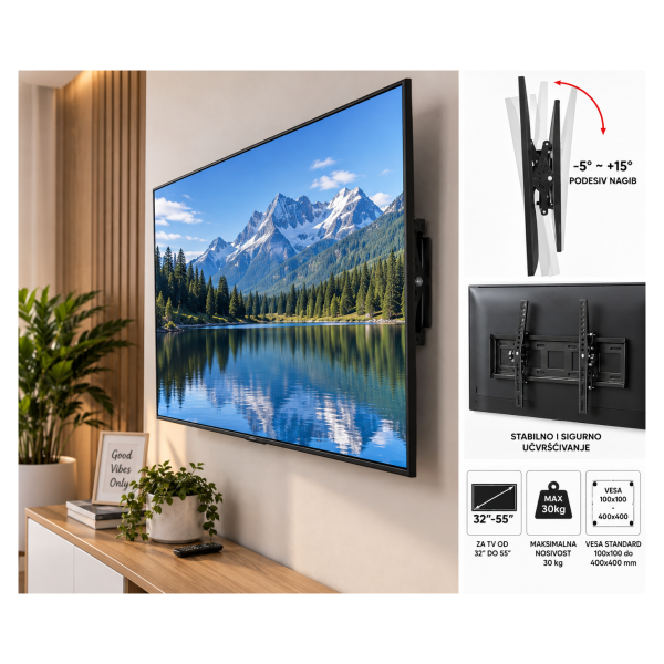 Zidni nosač za TV 32–55 inča HT-002 – podesivi nagib, do 30 kg