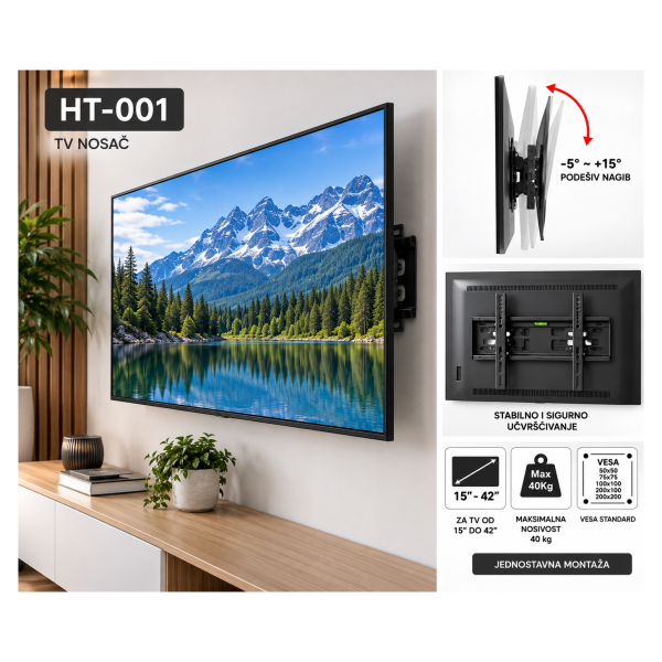 Zidni nosač za TV 15–42 inča HT-001 – podesivi nagib, do 40 kg