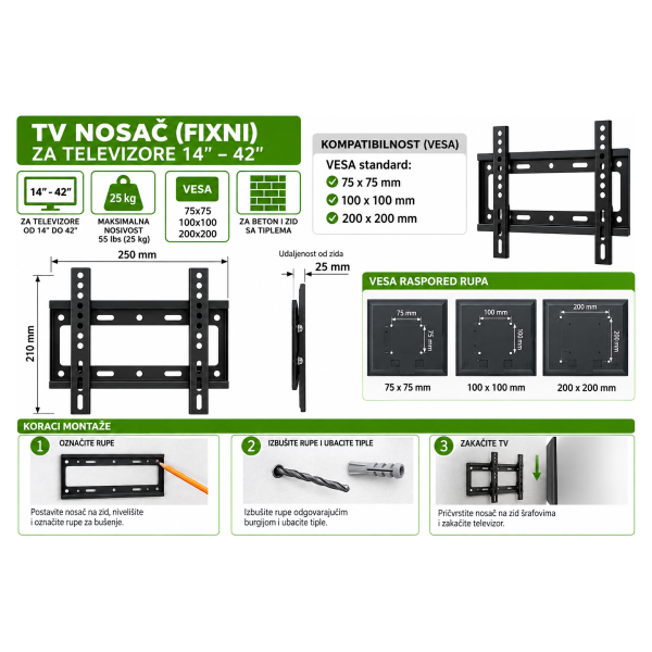 Zidni nosač za TV 14–42 inča 179306 – fiksni, do 25 kg