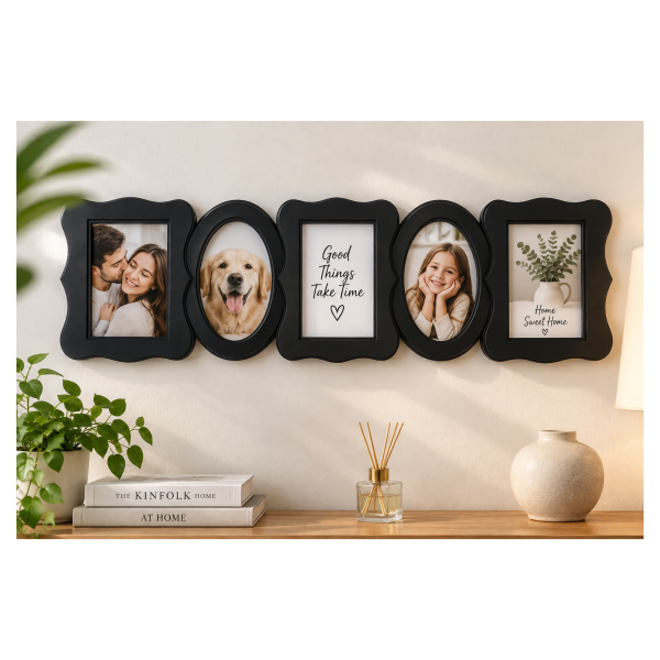 Zidni ram za 5 fotografija  – crni, kombinovani oblici