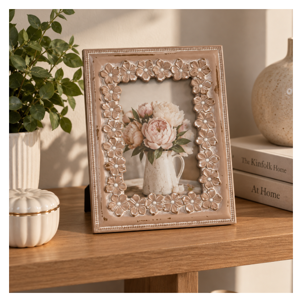 Dekorativni ram za slike  – roze-zlatni sa cvetnim ornamentima, 10 × 15 cm