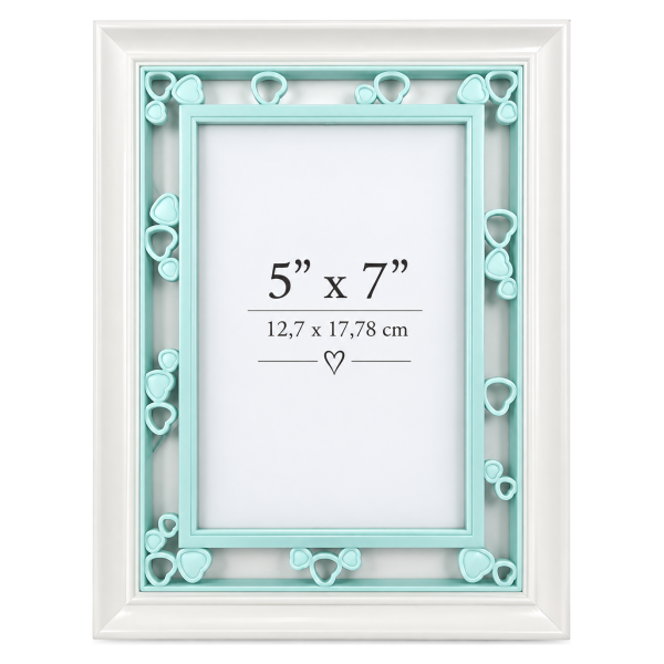 Dekorativni ram za slike  – beli sa mint zelenim detaljima i srcima, 13 × 18 cm